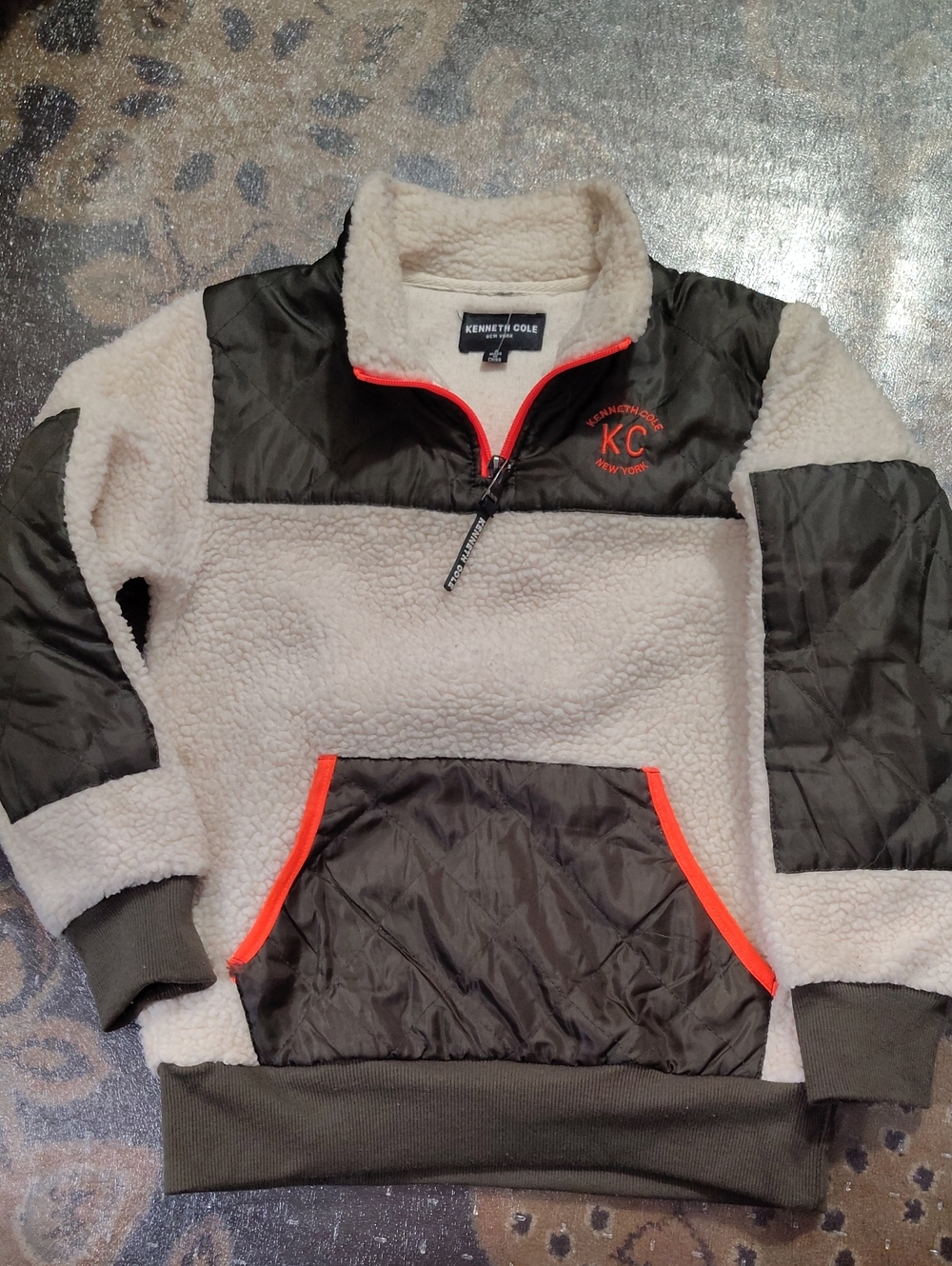Kenneth Cole Cream Sherpa Half-Zip with Olive Panels & Orange Trimsize 8 $25